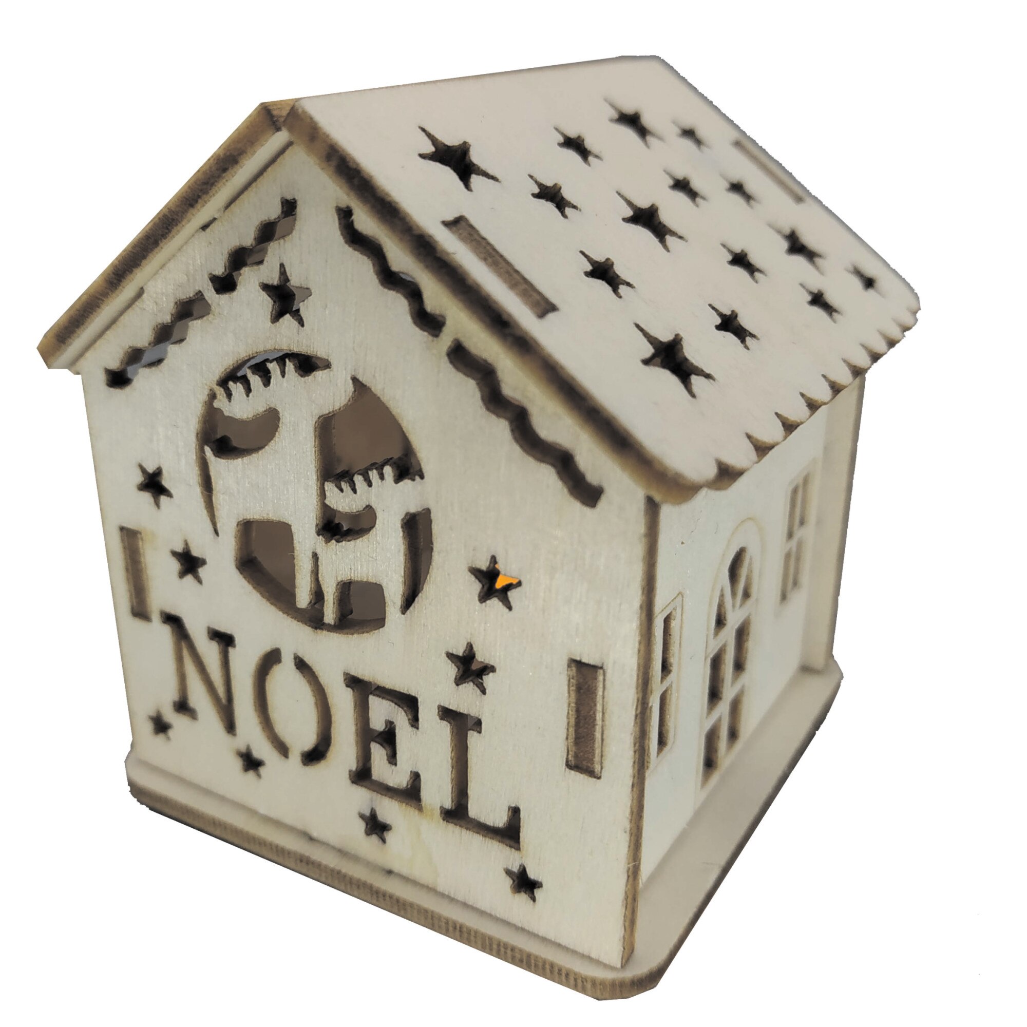 Casuta Craciun cu led 6x5x5 cm , din lemn natur, 8-4/12