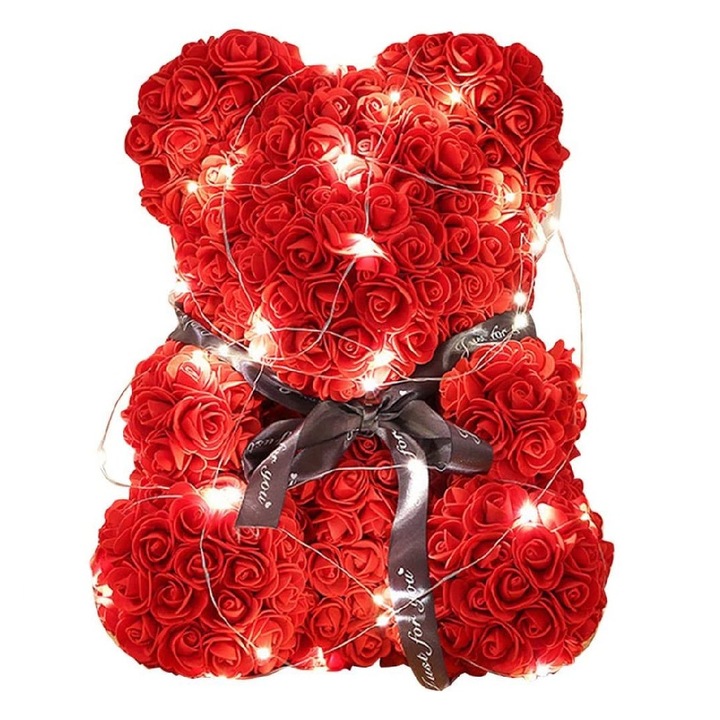 Urs floral rosu " Love ", ursulet decorat manual cu trandafiri de spuma, Teddy Bear 40 cm, cutie decorativa inclusa, iluminare LED HandMade by CDIMAG ®