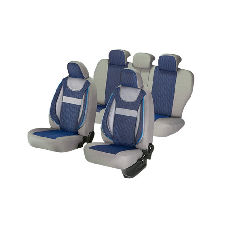 Huse scaune auto Universale, Dynamic Albastru, Piele ecologica Perforata + Textil, set compus din 11 piese