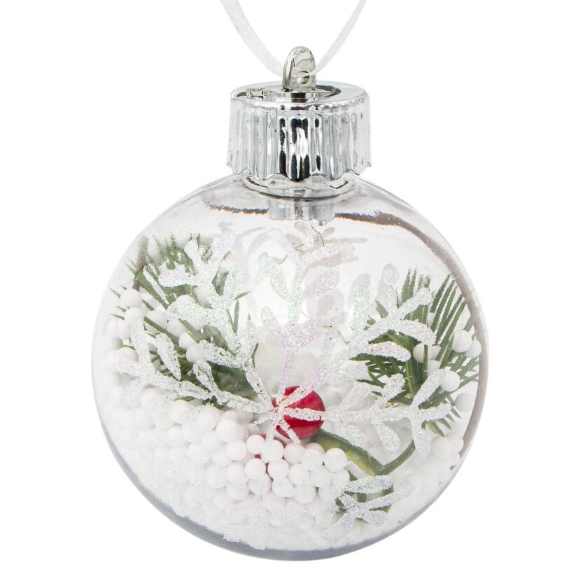 Globulet ideal pentru bradut, Zola®, transparent, cu zapada, ramura verde si led, 8cm