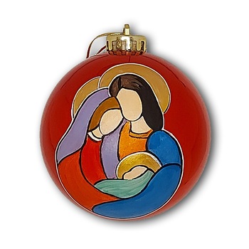 Globulet ArtDeco pentru bradul de Craciun, din plastic rosu cu Sfanata Familie, pictat manual in culori acrilice, diametrul de 10 cm Globulet ArtDeco pentru bradul de Craciun, din plastic rosu cu Sfanata Familie, pictat manual in culori acrilice, diametrul de 10 cm