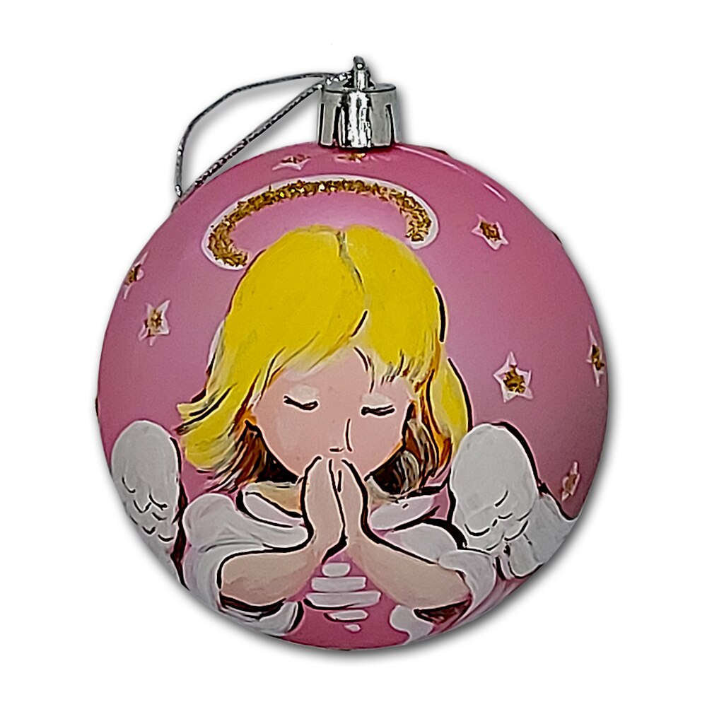 Globulet ArtDeco pentru bradul de Craciun, din plastic roz cu Ingeras, pictat manual in culori acrilice, diametrul de 8cm