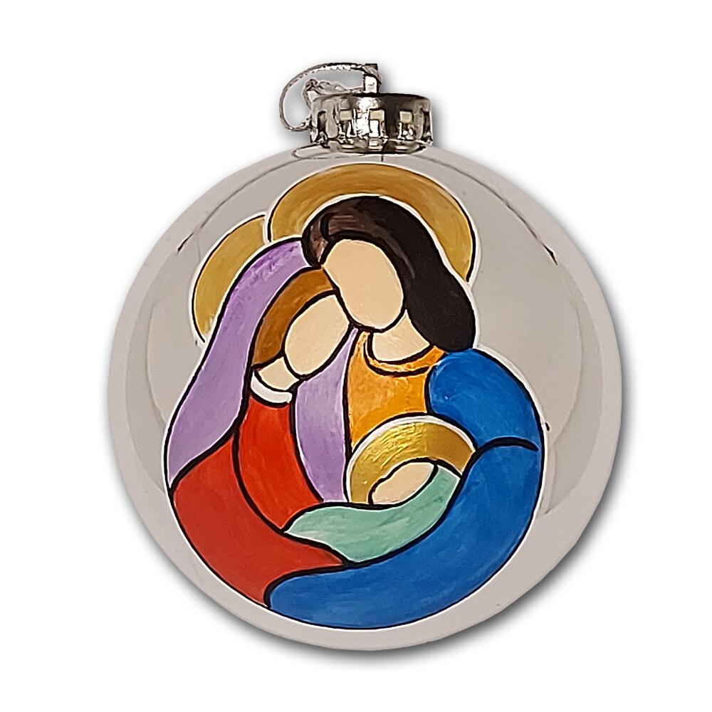 Globulet ArtDeco pentru bradul de Craciun, din plastic argintiu cu Sfanta Familie, pictat manual in culori acrilice, diametrul de 10 cm