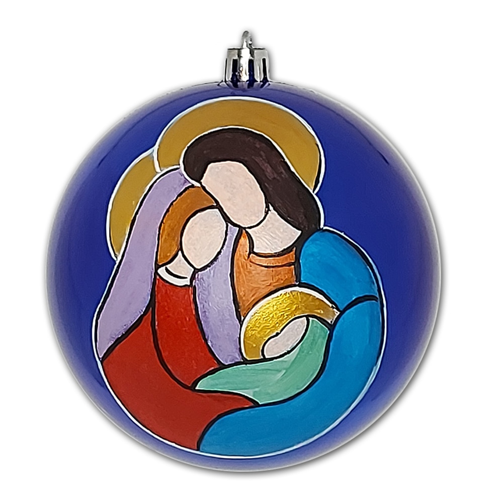 Globulet ArtDeco pentru bradul de Craciun, din plastic albastru cu Sfanata Familie, pictat manual in culori acrilice, diametrul de 10 cm