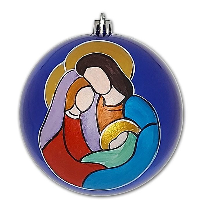 Globulet ArtDeco pentru bradul de Craciun, din plastic albastru cu Sfanata Familie, pictat manual in culori acrilice, diametrul de 10 cm