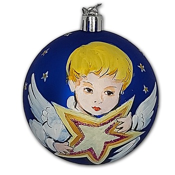 Globulet ArtDeco pentru bradul de Craciun, din plastic albastru cu Ingeras cu steluta, pictat manual in culori acrilice, diametrul de 8cm Globulet ArtDeco pentru bradul de Craciun, din plastic albastru cu Ingeras cu steluta, pictat manual in culori acrilice, diametrul de 8cm