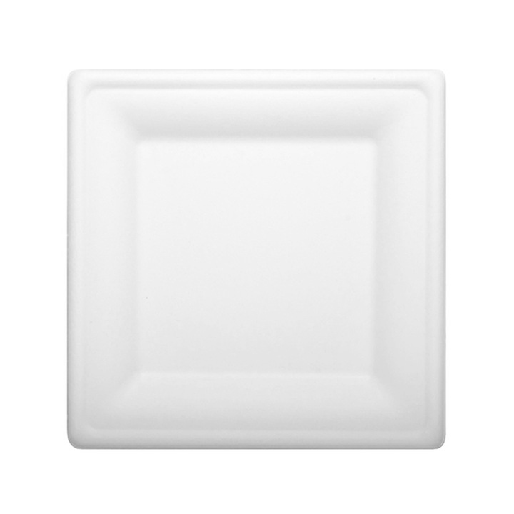 Set 50 farfurii, patrate, 200x200mm, culoare alba, fabricate din trestie de zahar