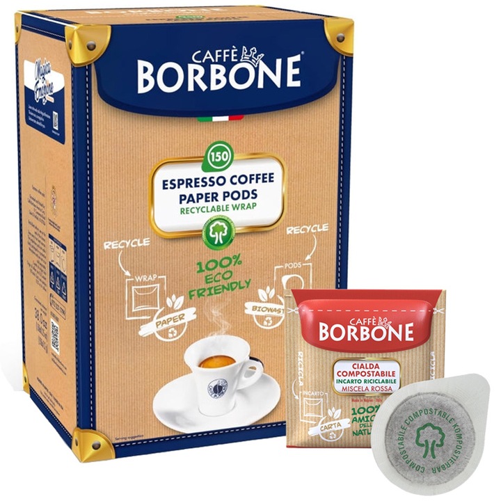Set 150 Capsule de cafea compostabile Caffè Borbone, intensitate 9.5, 100% Robusta, aroma intensa si puternica, compatibile cu sistemul ESE 44 mm, Miscela Rossa