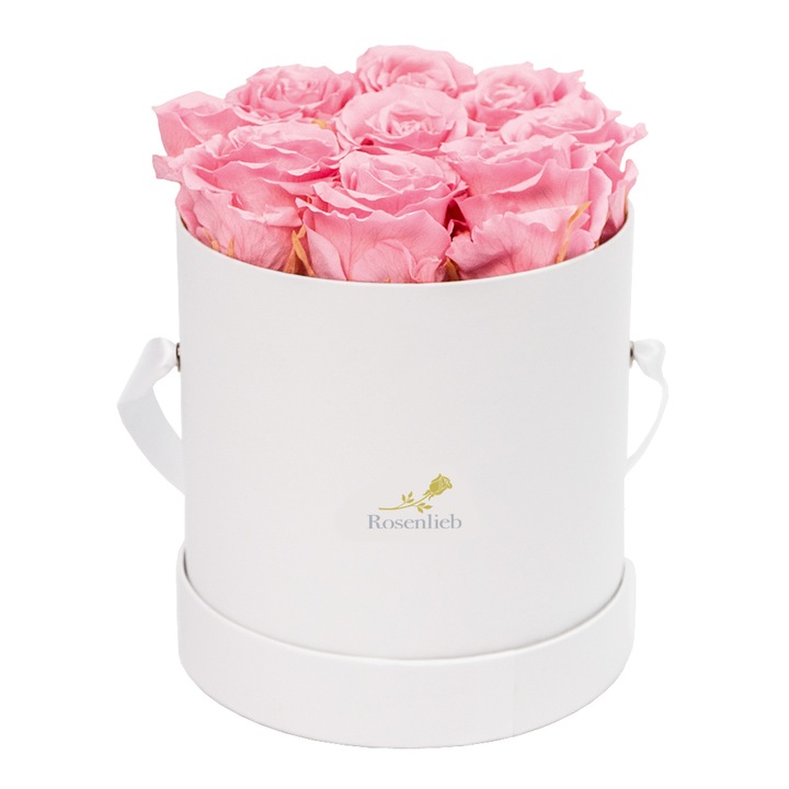 Флорален аранжимент с 9 розови рози, ароматизирани със сапун, в бяла кутия