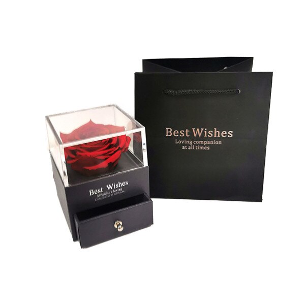 Cutie tip sertar cu trandafir criogenat, rosu si punga de cadou, 8x8x10 cm