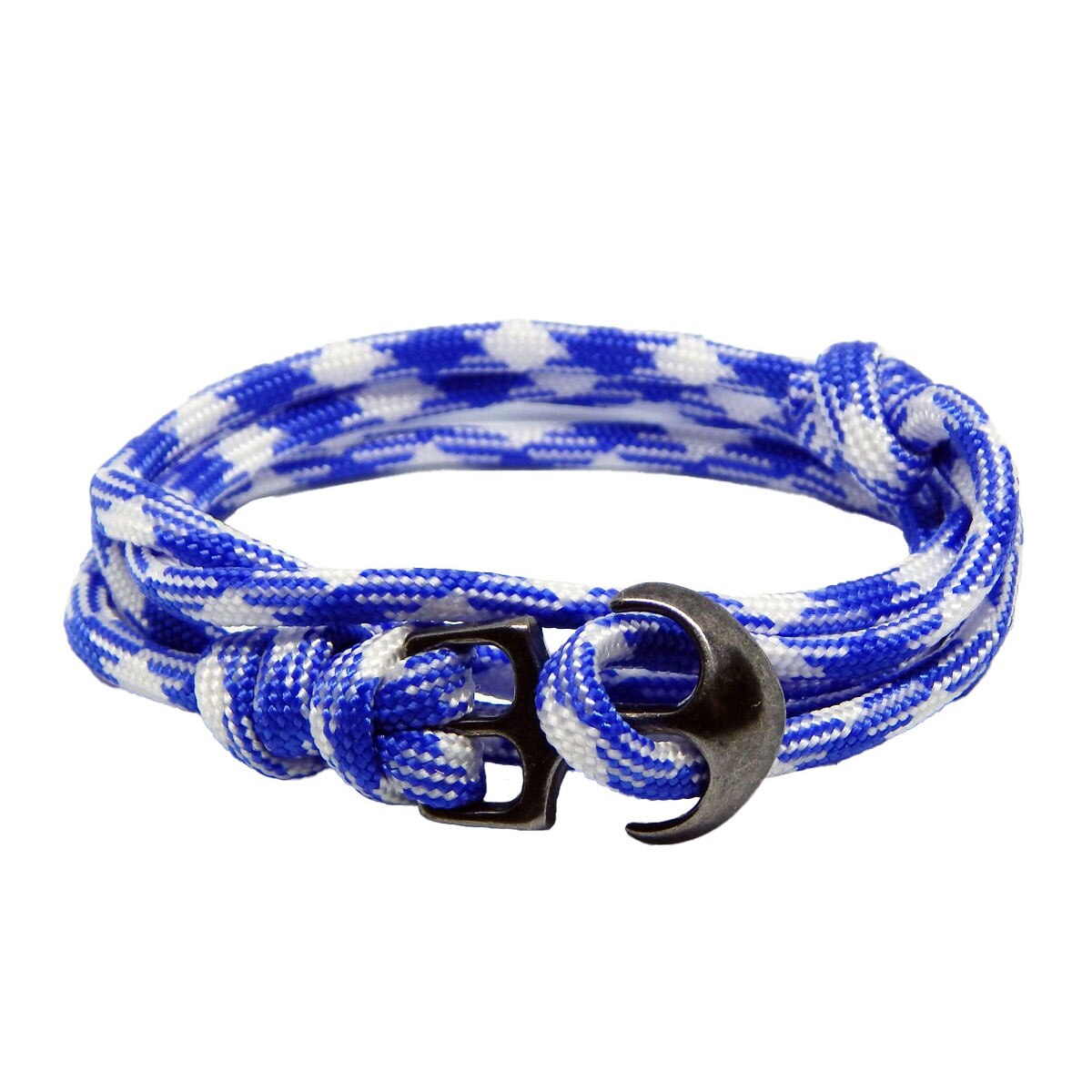 Bratara reglabila din snur paracord albastru si alb si inchizatoare Ancora neagra