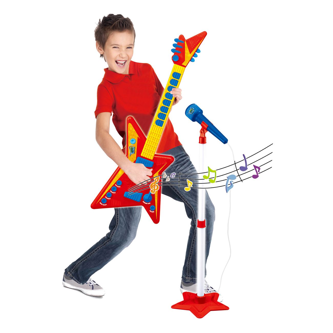 Chitara electrica pentru copii,pe baterii,cu butoane si suport cu microfon