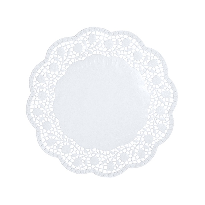 Set 100 hartie dantelata, pentru prajituri, culoare alb, diametru 300mm