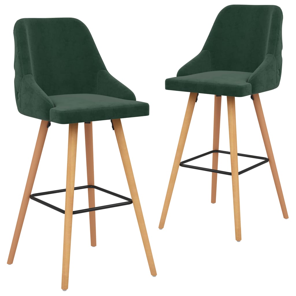 Set de 2 scaune de bar, vidaXL, Lemn de fag/Catifea, 48 x 55 x 106 cm, Verde inchis