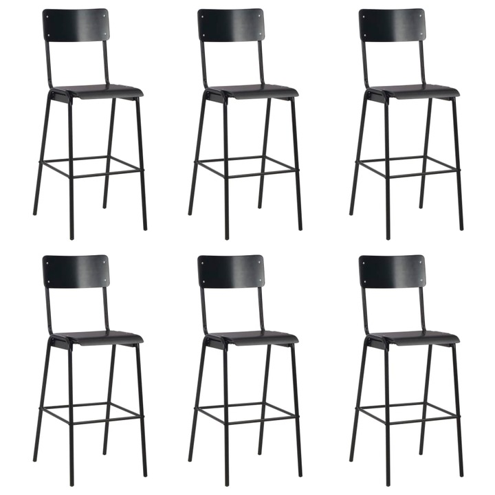 Set scaune de bar vidaXL, 6 buc., negru, placaj solid, otel, 41,5 x 59 x 116,5 cm, 15.92 kg