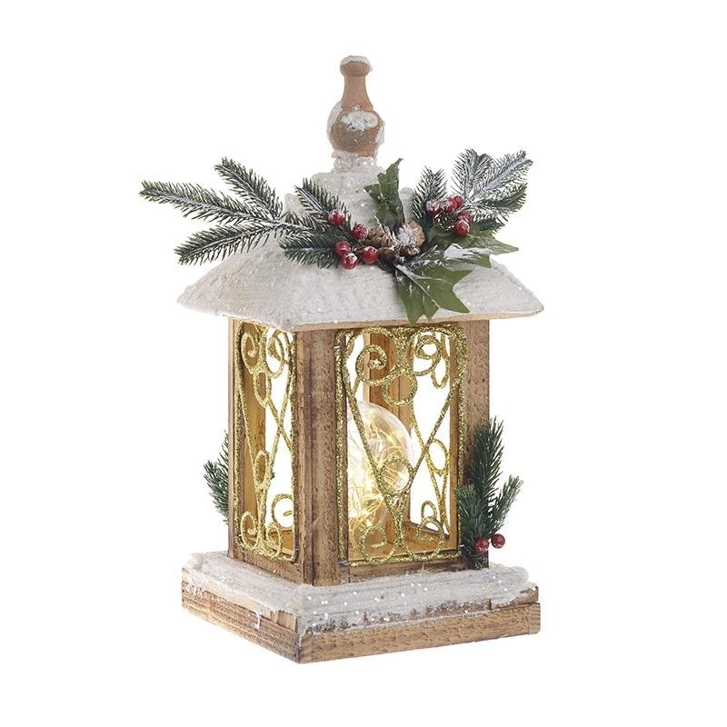 Decoratiune Craciun, casuta din lemn cu led, alb/maro, 17 x 17 x 35 CM