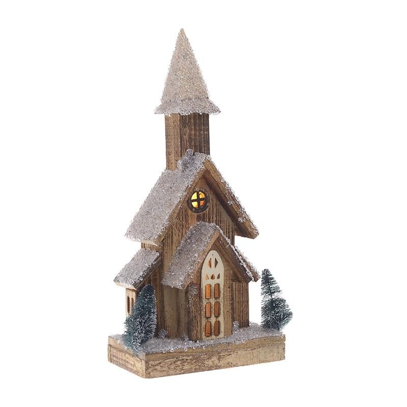 Decoratiune Craciun, casuta din lemn cu led, crem/maro, 19 x 10 x 40 CM