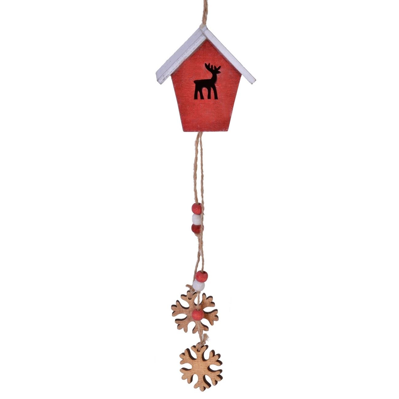 Figurina decorativa, Zola®, din lemn, pentru sarbatori, care atarna, cu fulgi si casuta, 43 cm