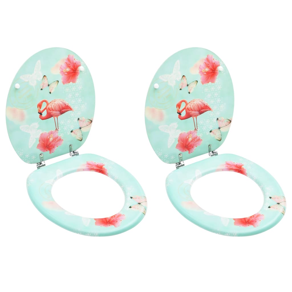 Set 2 capace de toaleta, vidaXL, MDF, Model flamingo, Albastru, 42,5 x 35,8 cm