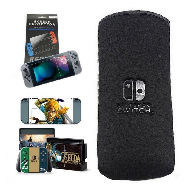Set 3 Bucati Husa Nintendo Switch Soft Negru + Screen Protectie Anti-scratch +4 Skin Stickers The Legend Of Zelda