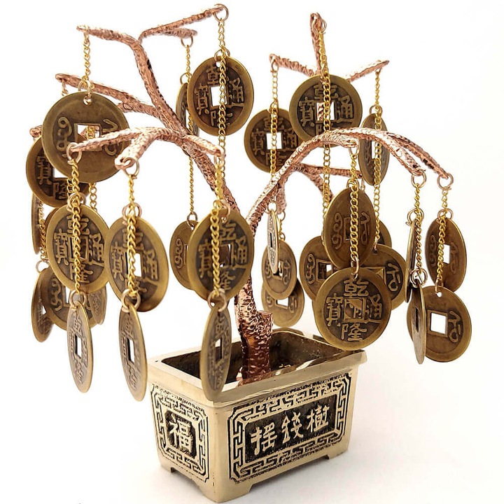 Pomul Abundentei cu monede chinezesti, copacul norocos Feng Shui pentru bunastare si bani, metal, 15 cm auriu