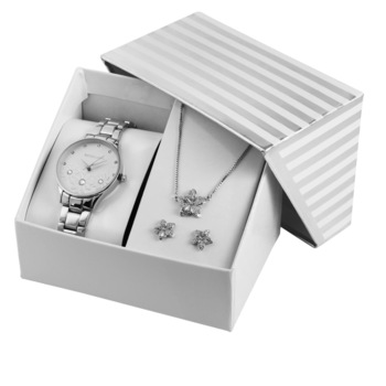 Set cadou Excellanc, ceas dama cu o pereche de cercei si lantisor cu pandantiv, Argintiu Set cadou Excellanc, ceas dama cu o pereche de cercei si lantisor cu pandantiv, Argintiu