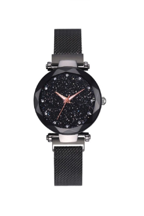 Ceas de dama Shinny cu bratara magnetica neagra si cadran cu sclipici negru, lungime ajustabila