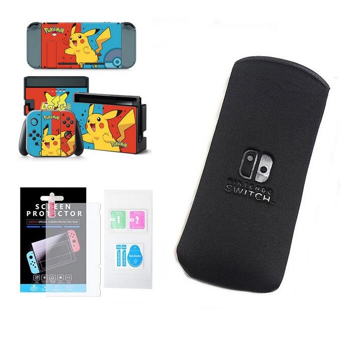 Set 3 Bucati Husa Nintendo Switch Soft Negru + Screen Protectie Anti-scratch + 4 Skin Stickers Pokemon