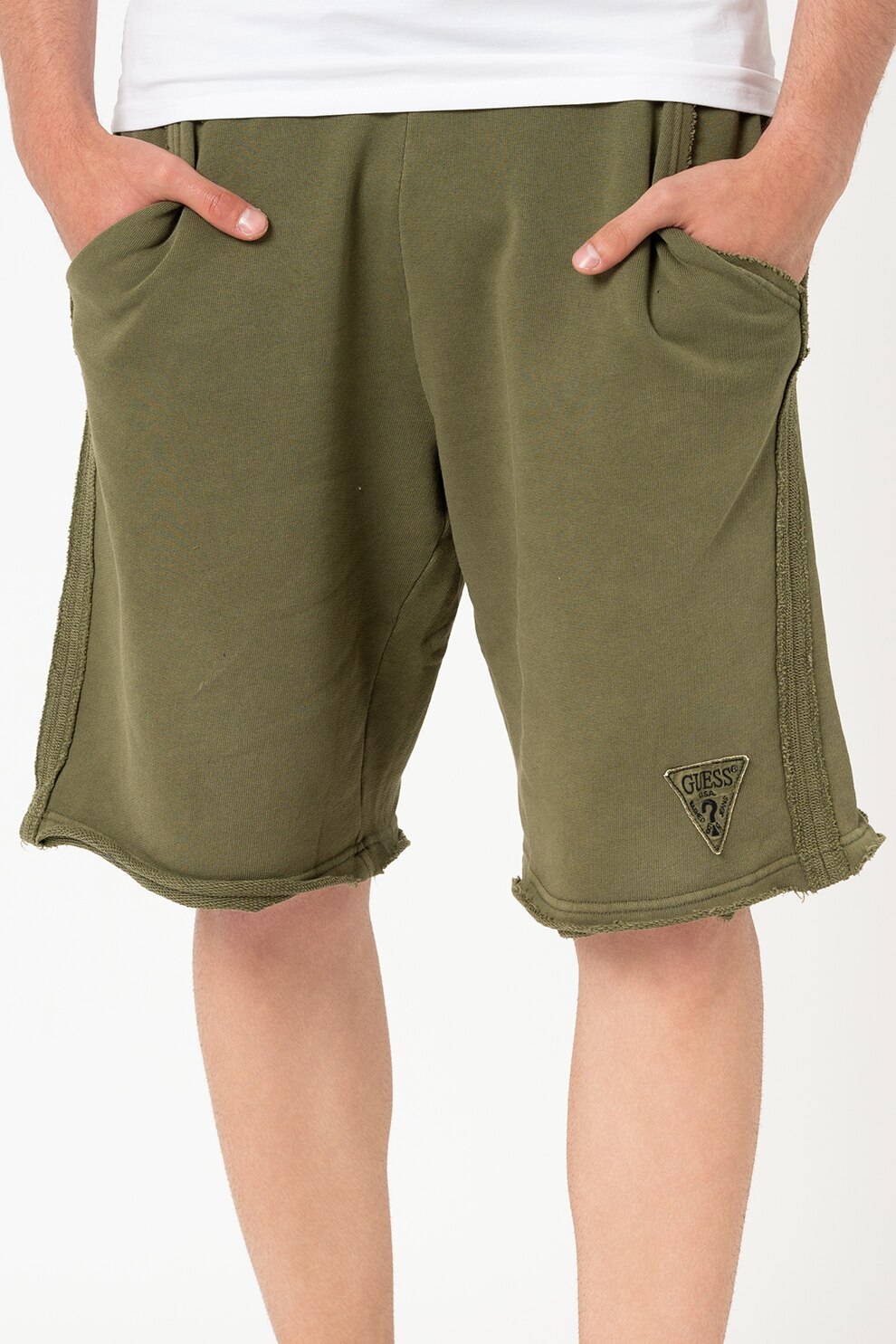 GUESS JEANS, Pantaloni scurti cu buzunare oblice si terminatii nefinisate, Verde oliv