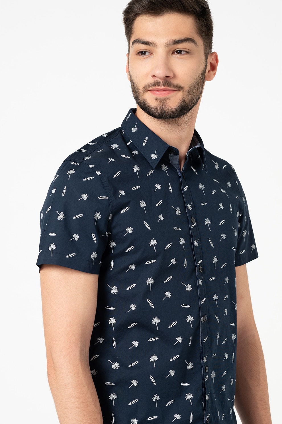 GUESS JEANS, Camasa slim fit cu imprimeu tropical, Bleumarin/Alb