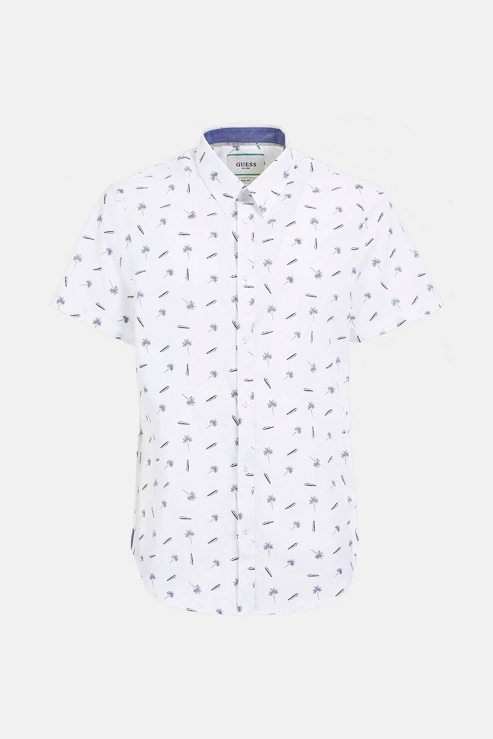 GUESS JEANS, Camasa slim fit cu imprimeu tropical, Alb/Bleumarin
