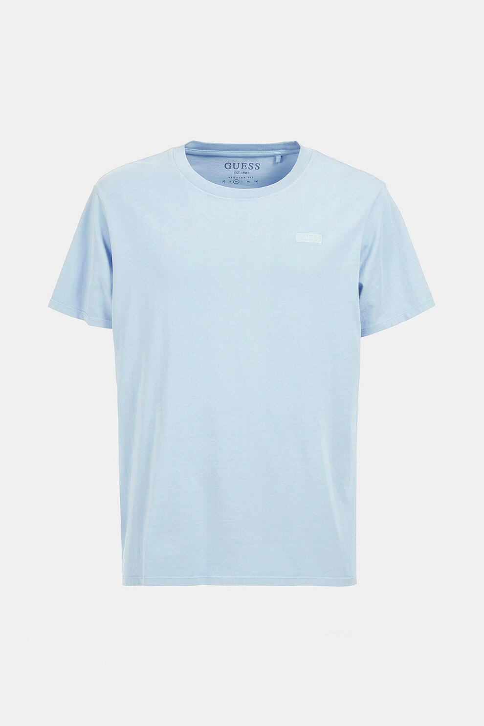 GUESS JEANS, Tricou cu decolteu la baza gatului si broderie logo discreta, Albastru deschis