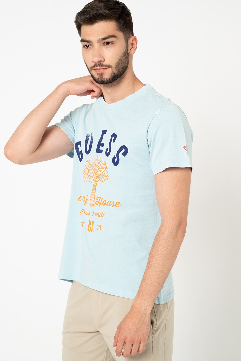 GUESS JEANS, Tricou cu decolteu la baza gatului si imprimeu logo, Albastru pastel