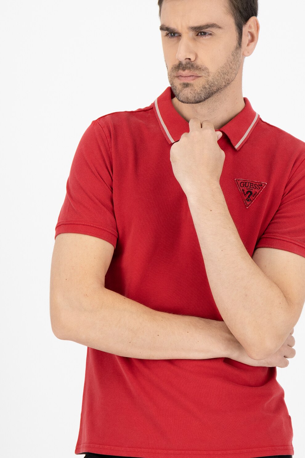 GUESS JEANS, Tricou polo slim fit cu aplicatie logo, Rosu