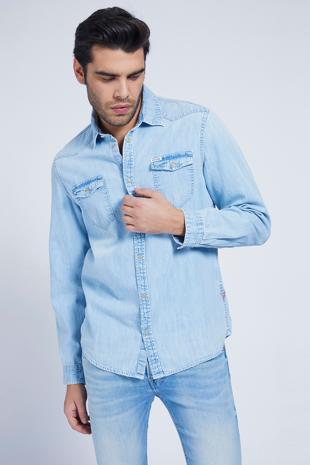 GUESS JEANS, Camasa din denim cu buzunare cu clapa, Albastru pastel, S