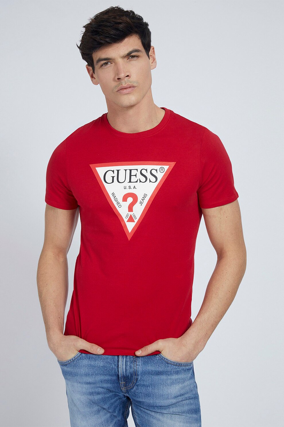 GUESS JEANS, Tricou slim fit cu decolteu la baza gatului si imprimeu logo triunghiular, Rosu, 2XL