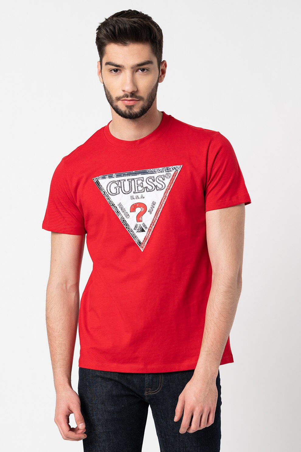 GUESS JEANS, Tricou de bumbac cu aplicatie logo, Rosu inchis/Alb