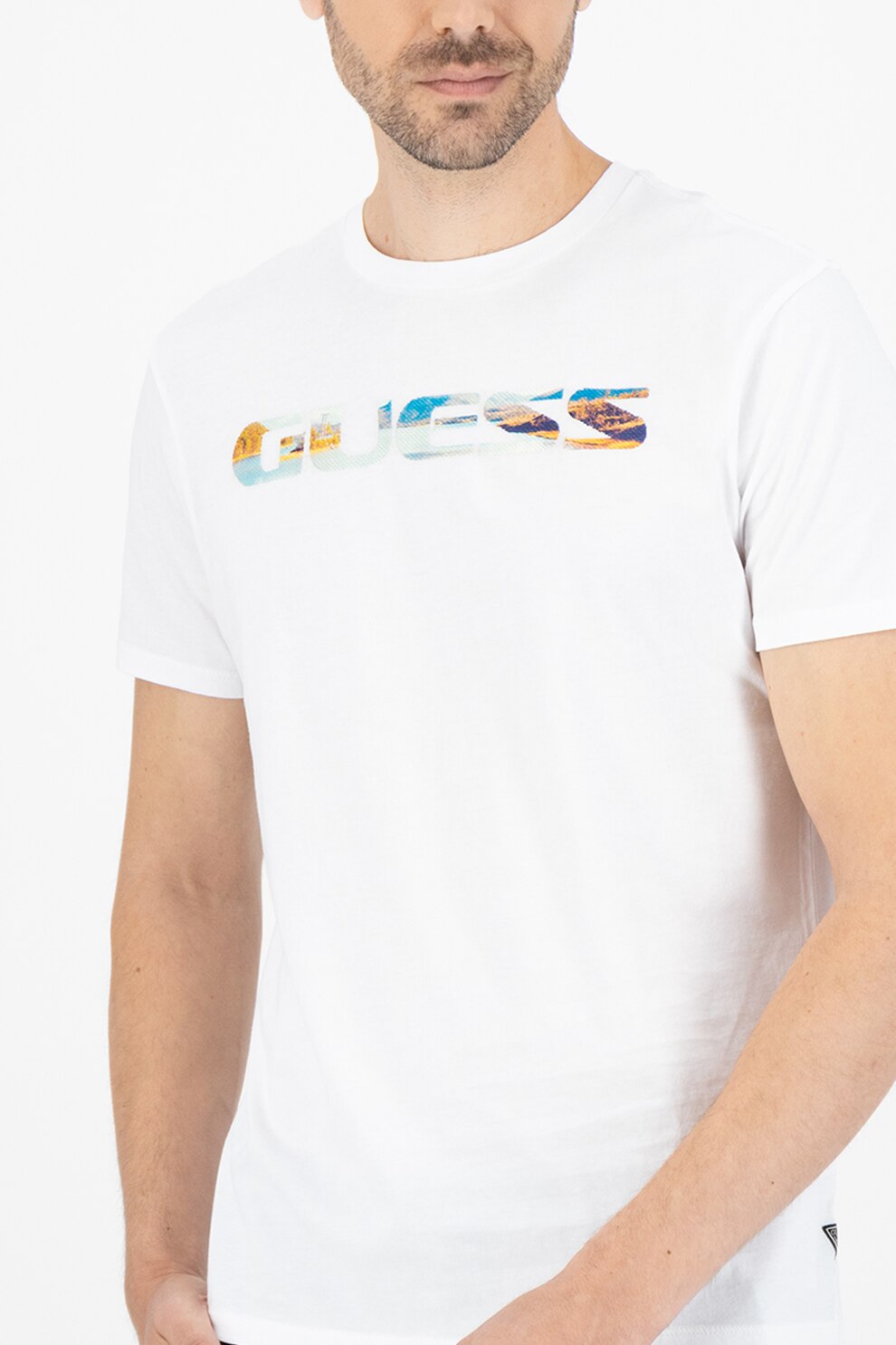 GUESS JEANS, Tricou cu decolteu la baza gatului si imprimeu logo, Alb/albastru