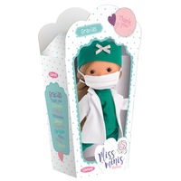 Papusa Llorens Miss Minis, editie de colectie dedicata medicilor care lupta impotriva virusului, Medical Heroes, doctor cu par lung si masca de protectie, corp din vinil, 26 cm, 3 ani+