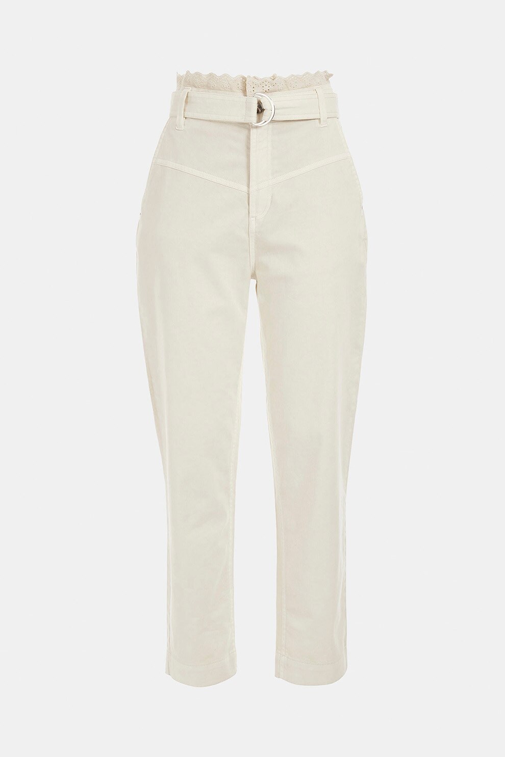 GUESS JEANS, Pantaloni cu talie inalta si broderii, Alb prafuit