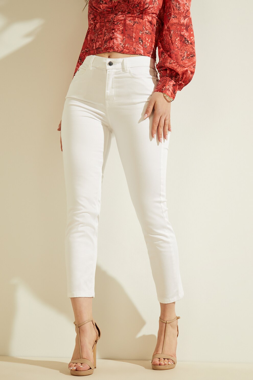GUESS JEANS, Pantaloni crop skinny fit, Alb