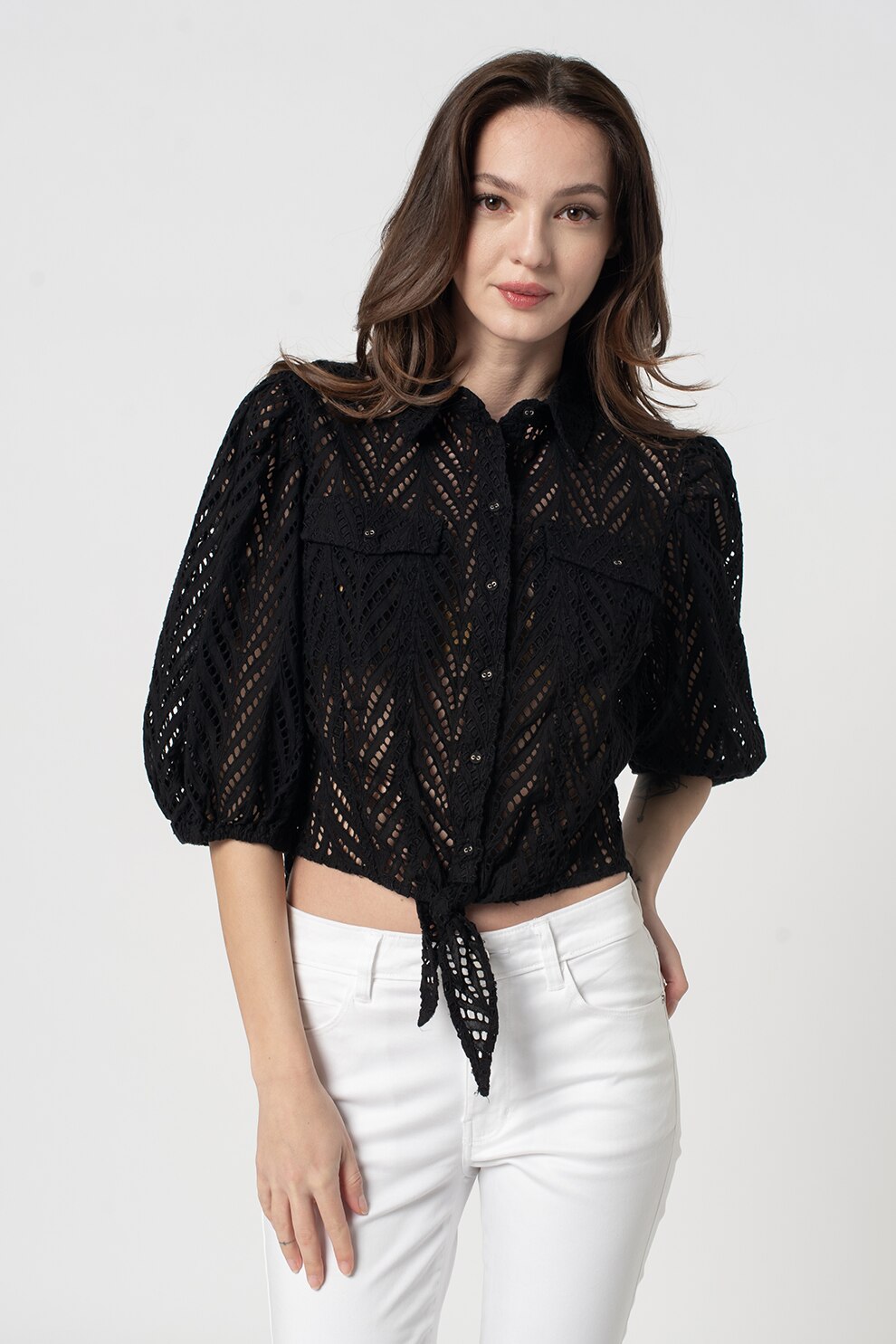 GUESS JEANS, Camasa cu perforatii, Negru
