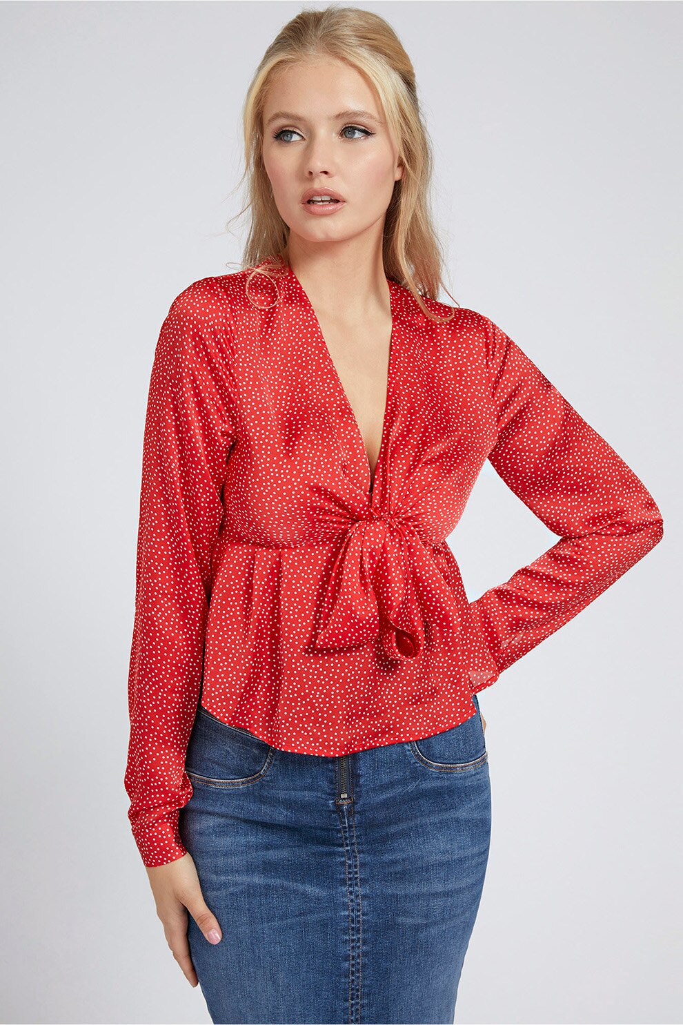 GUESS JEANS, Bluza cu imprimeu si decolteu in V, Rosu/Alb