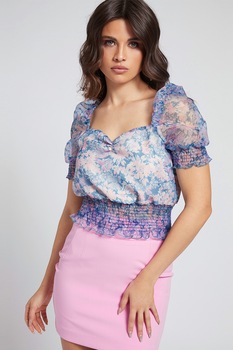 GUESS JEANS, Bluza crop cu imprimeu floral si decolteu sweetheart, Albastru/Roz GUESS JEANS, Bluza crop cu imprimeu floral si decolteu sweetheart, Albastru/Roz