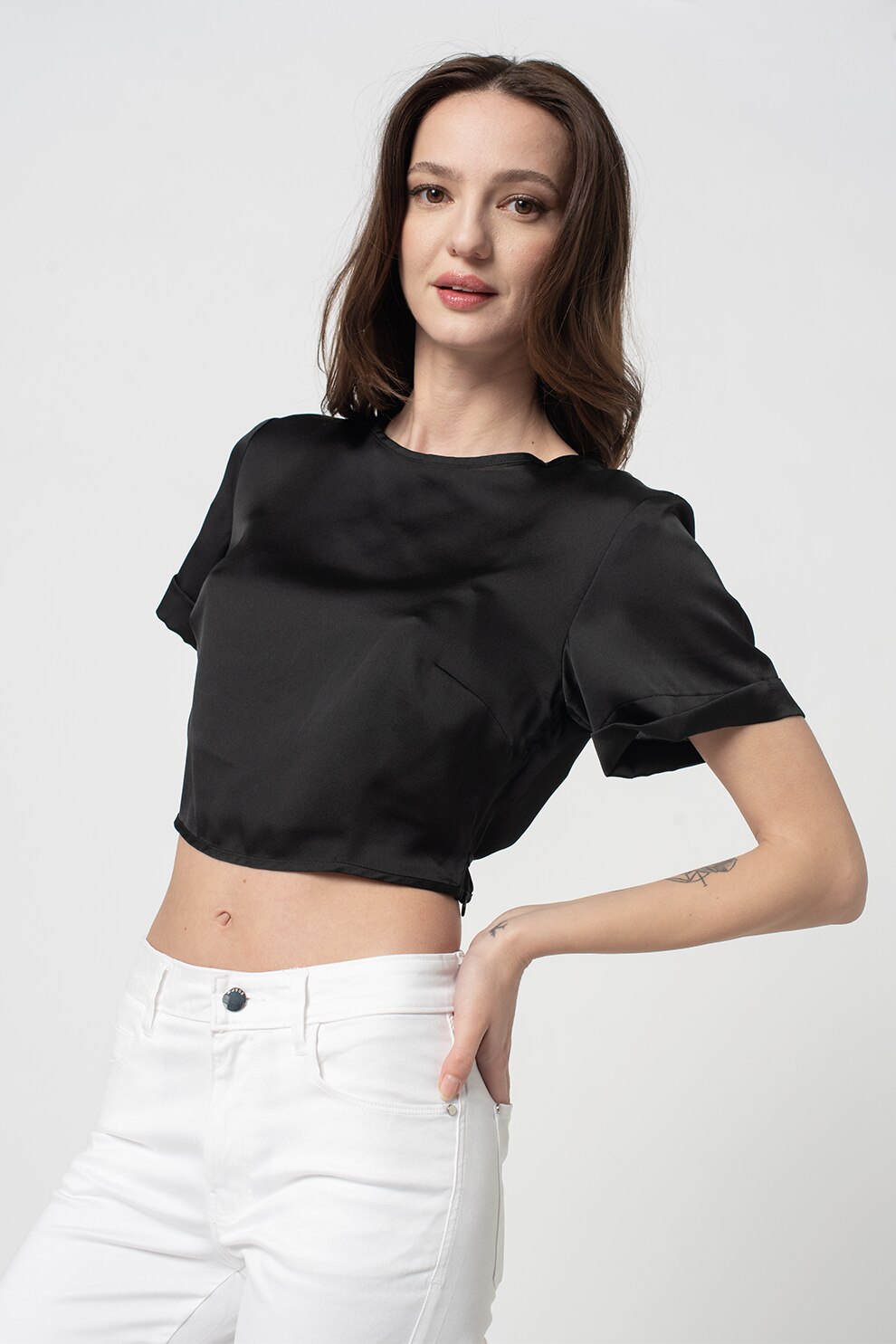 GUESS JEANS, Bluza crop cu maneci scurte, Negru
