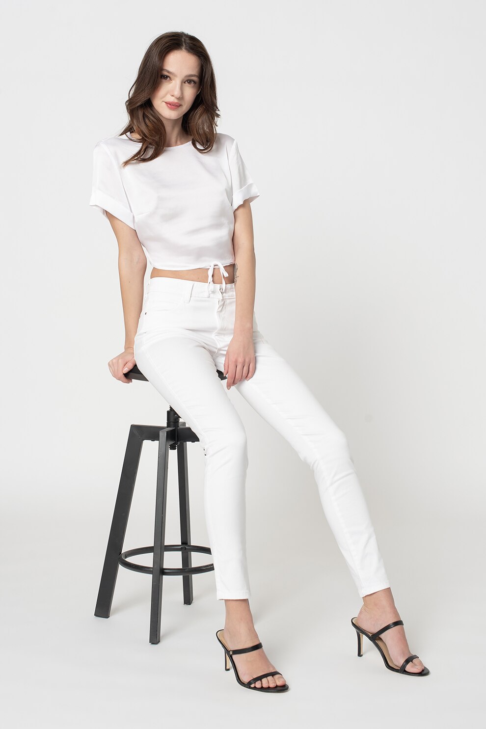 GUESS JEANS, Bluza crop cu maneci scurte, Alb optic