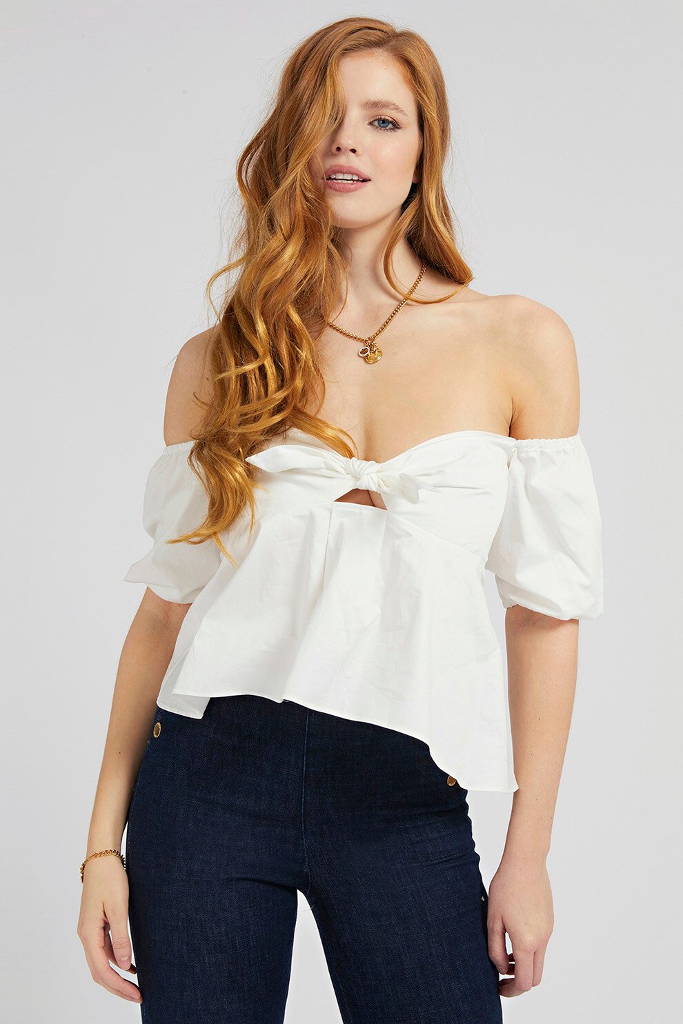 GUESS JEANS, Bluza cu decolteu pe umeri si funda, Alb