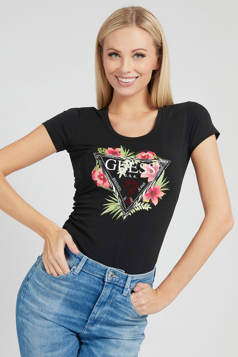 GUESS JEANS, Tricou cu imprimeu logo si decolteu rotund, Negru/Verde/Roz, XS