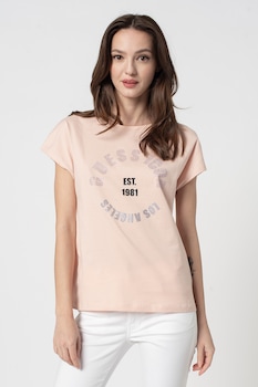 GUESS JEANS - Тениска с овално деколте и лого от декоративни камъни, Праскова, XS