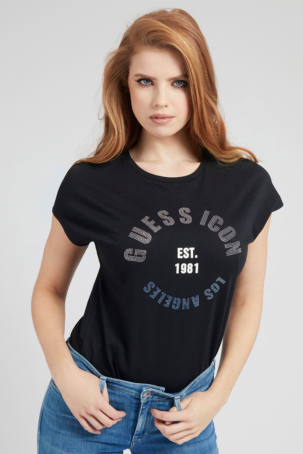 GUESS JEANS, Tricou cu decolteu la baza gatului si aplicatie logo din strasuri, Negru
